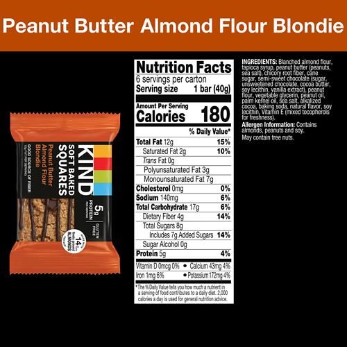 Kind Carrés Tendres, Blondie Farine Amande Cacahuètes, Barres de collation saines, Sans gluten, 5g de protéines, Lot de 6