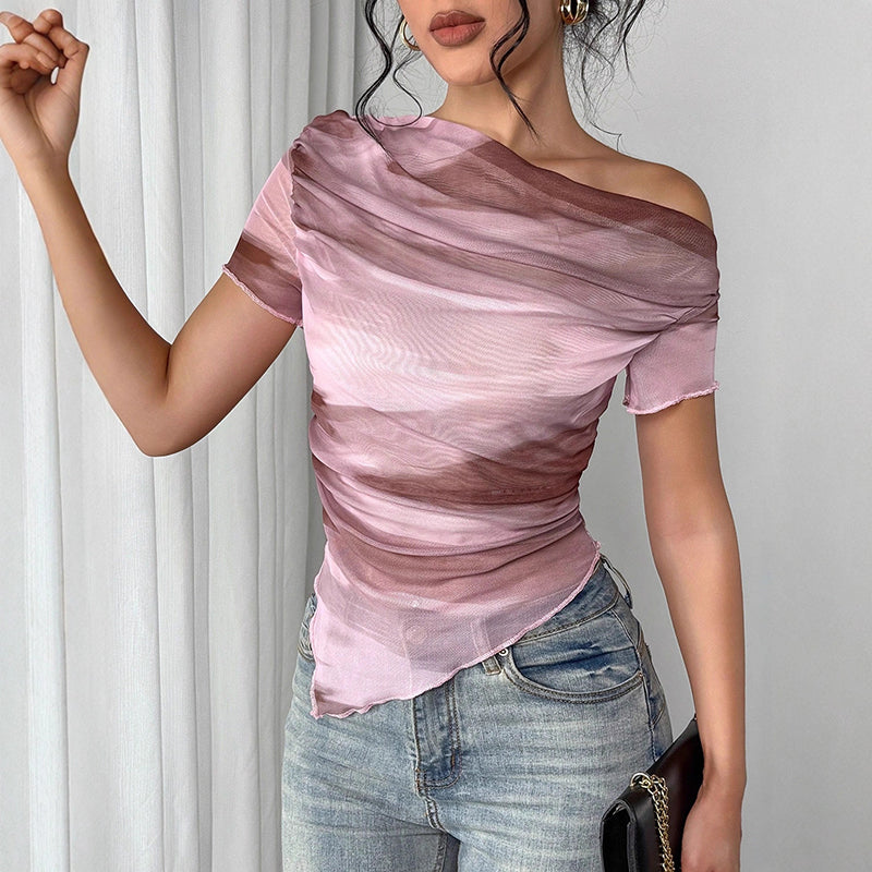 Haut froncé asymétrique tie-dye en maille à une épaule pour femme – T-shirt extensible pour sortir