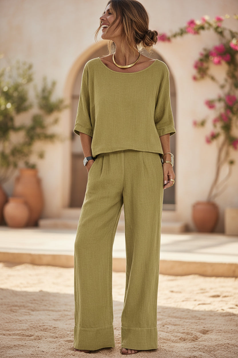 Ensemble de villégiature en coton et lin pour femme – Haut à manches courtes et pantalon à jambes larges