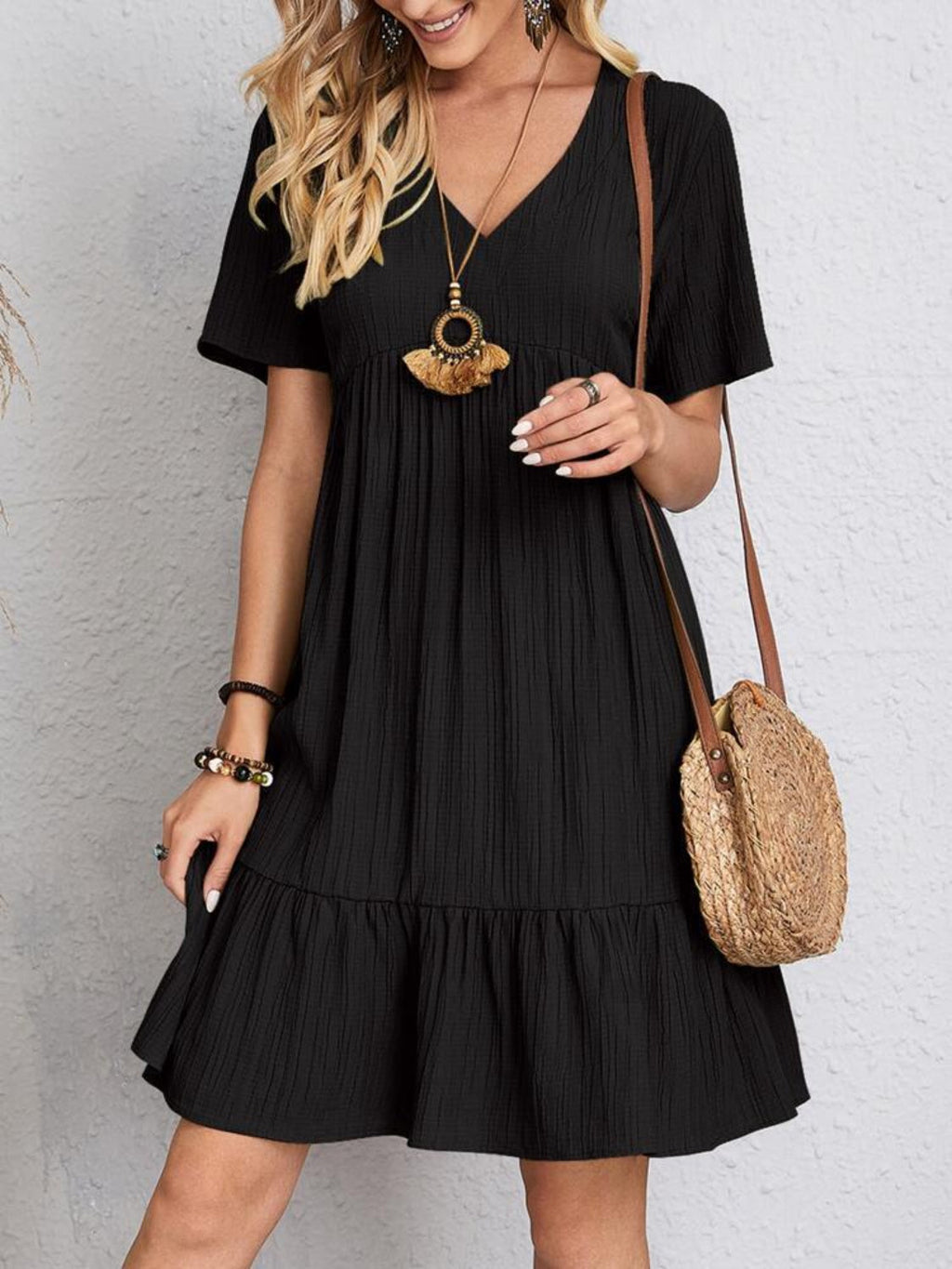 Robe Classique Col V Manches Courtes Décontractée et Confortable pour Femmes