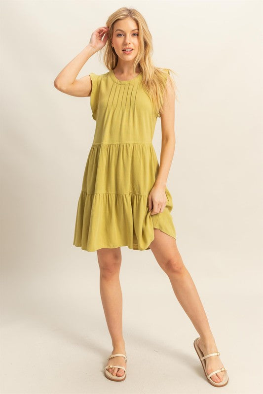 Robe étagée à col rond et manches à volants pour femme – Robe étagée féminine et ludique avec manches à volants pour occasions décontractées ou habillées