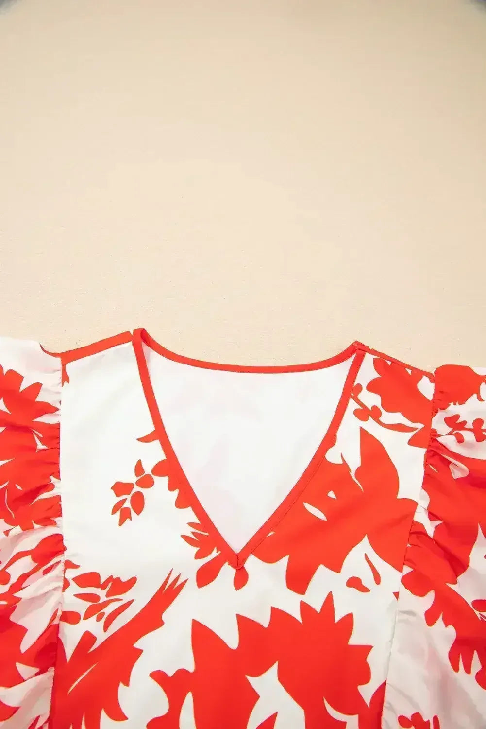 Robe longue rouge à imprimé floral, encolure en V et manches à volants