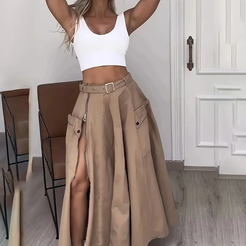 Ensemble assorti : gilet court et jupe longue fendue taille haute pour femme