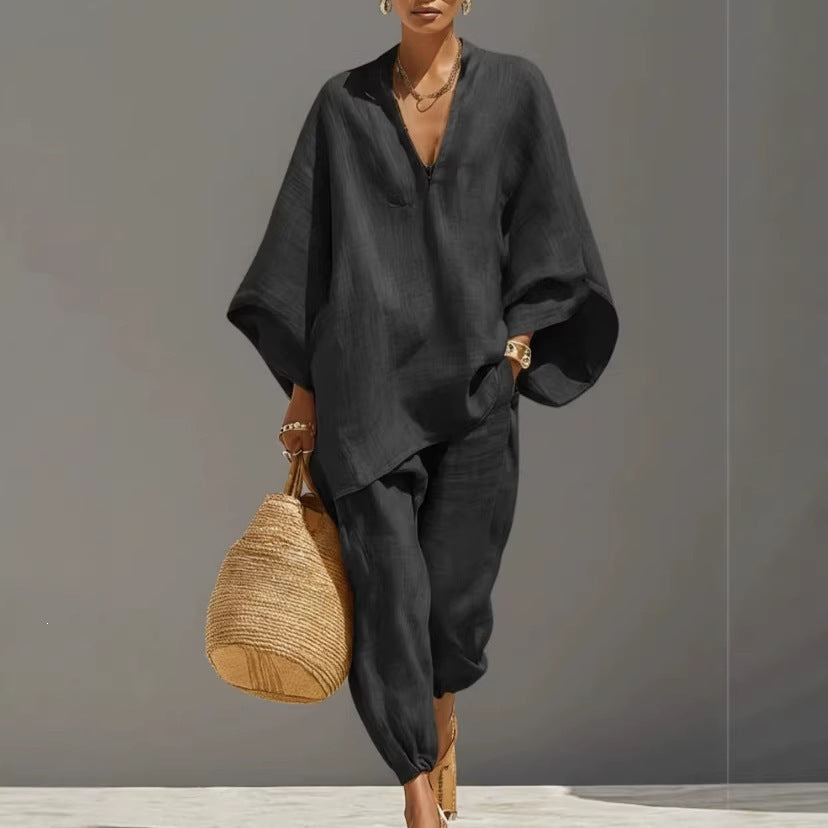 Ensemble deux pièces chemise ample et pantalon court pour femme – Coordonné décontracté vintage