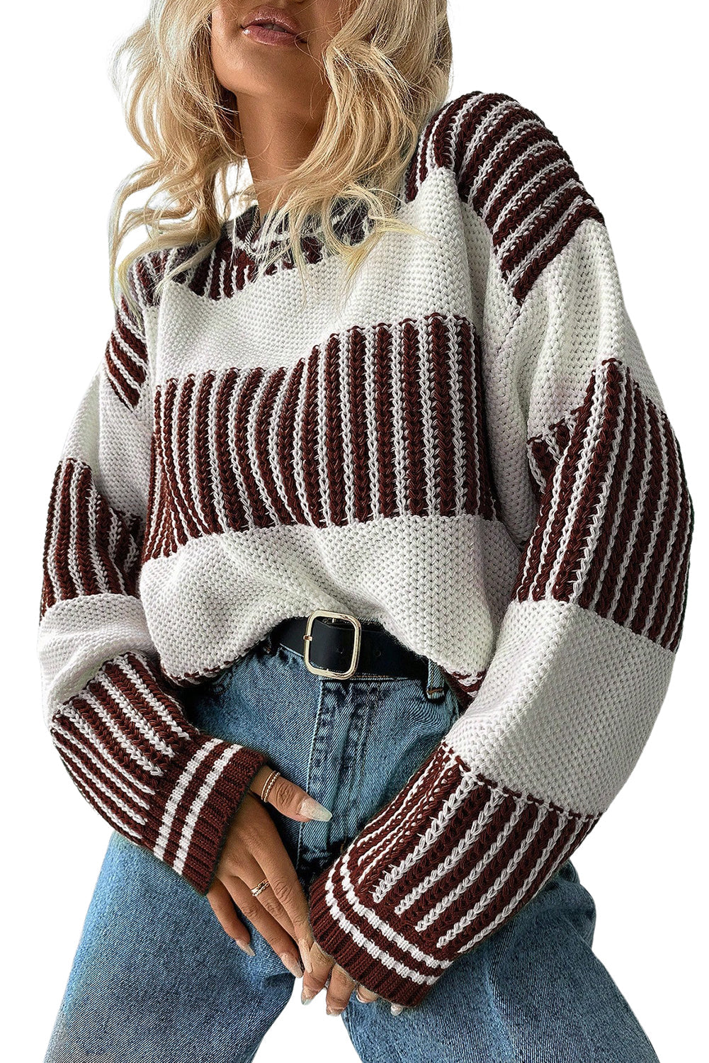 Pull deux tons marron à rayures, patchwork et épaules tombantes