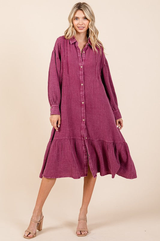 Robe chemise midi à volants en gaze de coton délavé pour femme – Robe boutonnée décontractée et féminine avec détails à volants