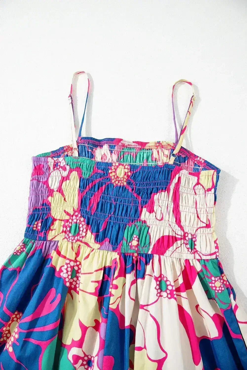 Purple Floral Print Shirred Spaghetti Strap Loose Maxi Dress