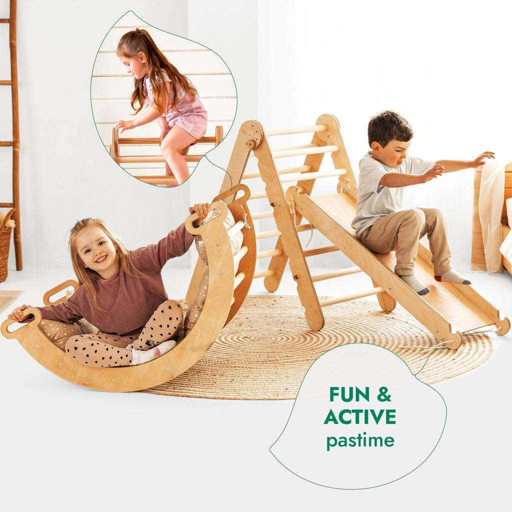 Ensemble d'escalade Montessori 4 en 1 : Échelle triangulaire + Arche d'escalade + Toboggan et Coussin – Beige