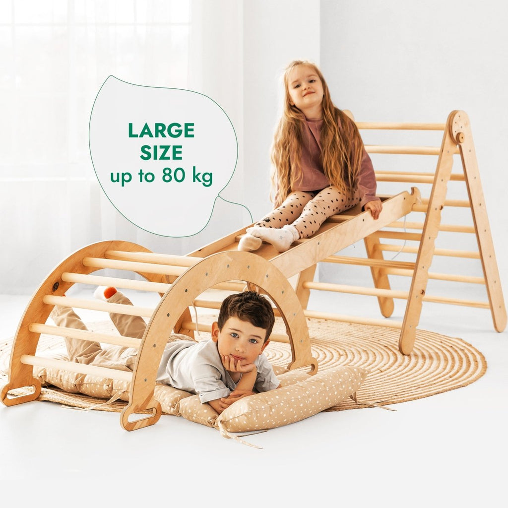 Ensemble d'escalade Montessori 4 en 1 : Échelle triangulaire + Arche d'escalade + Toboggan et Coussin – Beige