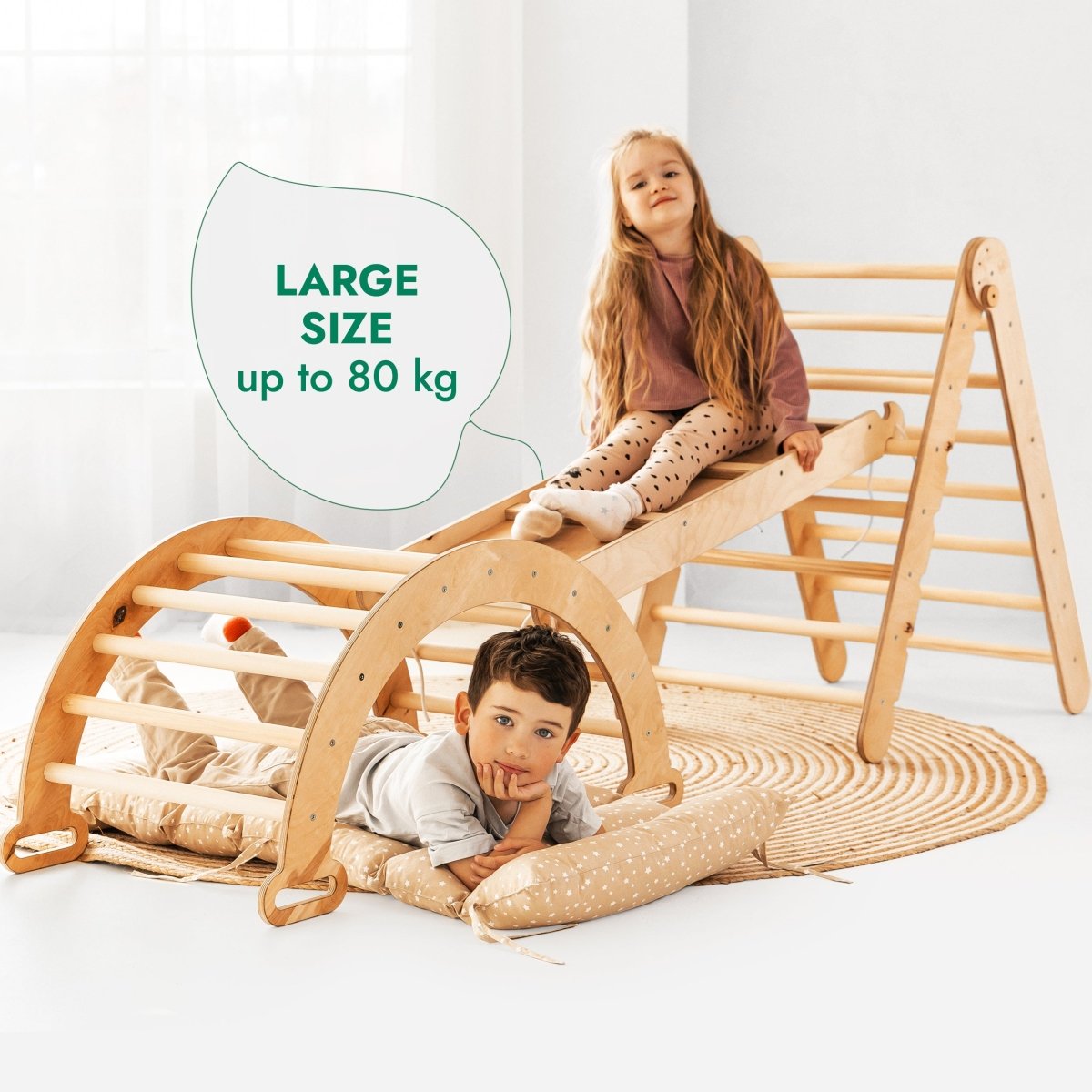 Ensemble d'escalade Montessori 4 en 1 : Échelle triangulaire + Arche d'escalade + Toboggan et Coussin – Beige