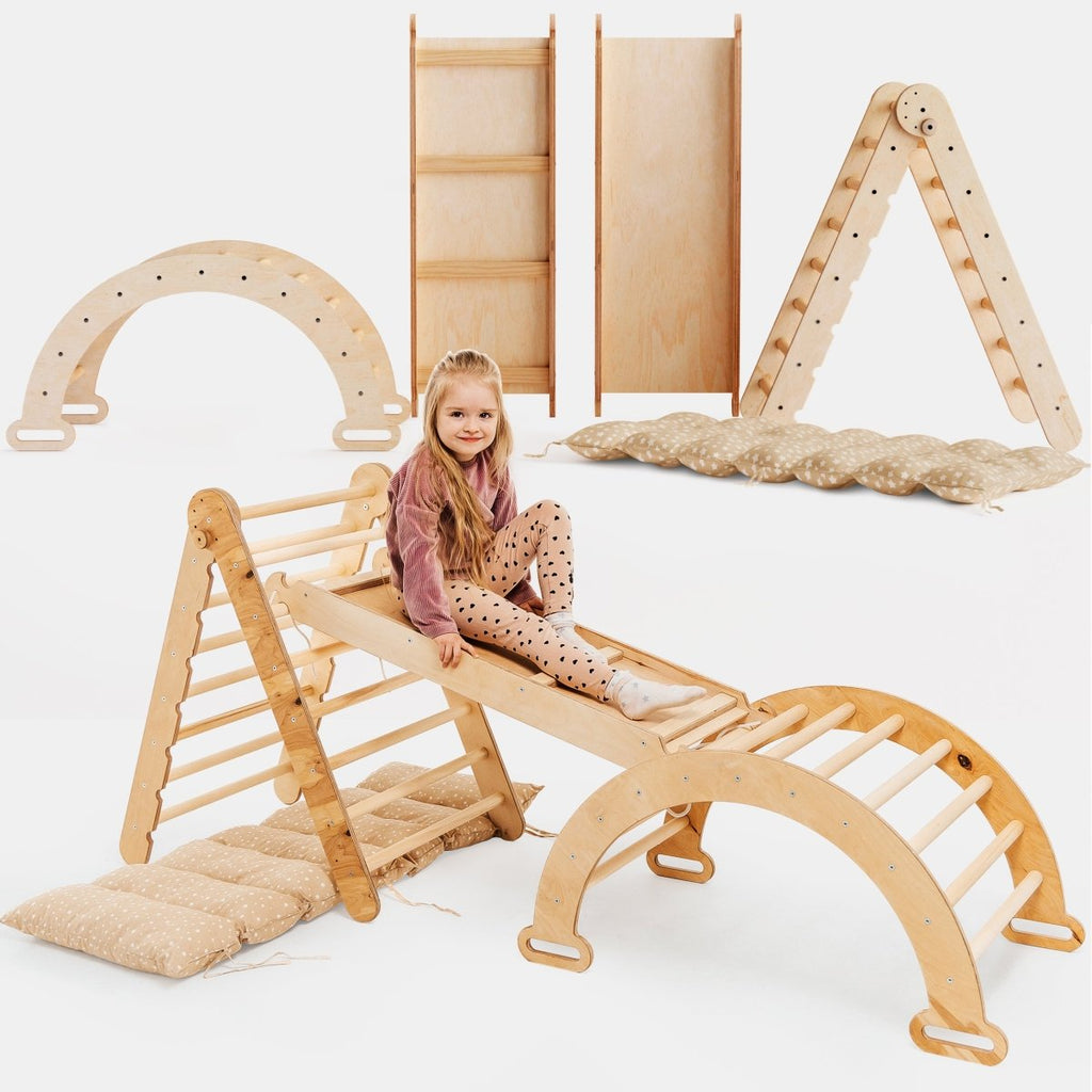 Ensemble d'escalade Montessori 4 en 1 : Échelle triangulaire + Arche d'escalade + Toboggan et Coussin – Beige