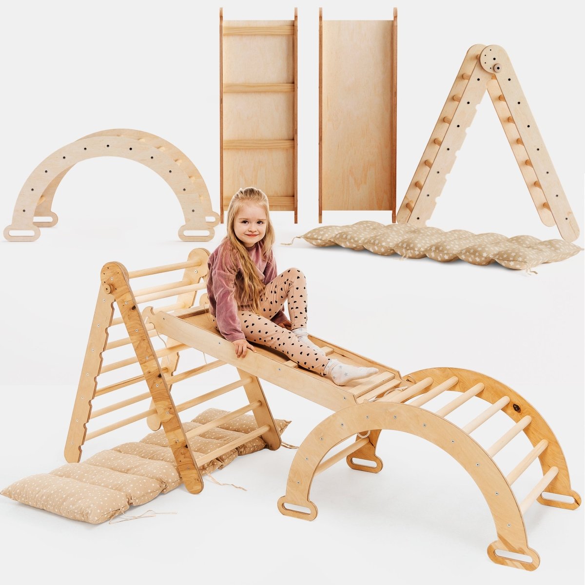 Ensemble d'escalade Montessori 4 en 1 : Échelle triangulaire + Arche d'escalade + Toboggan et Coussin – Beige
