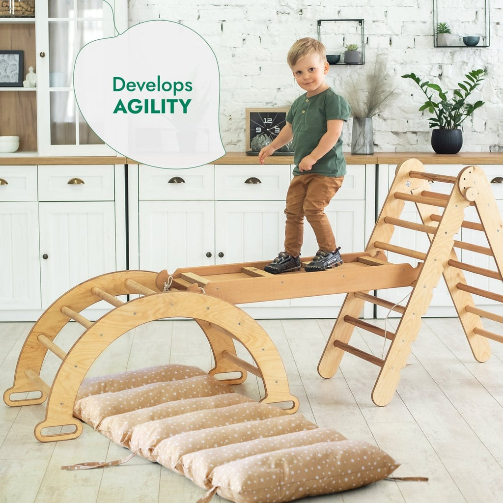 Ensemble d'escalade Montessori 4 en 1 : Échelle triangulaire + Arche d'escalade + Toboggan et Coussin – Beige