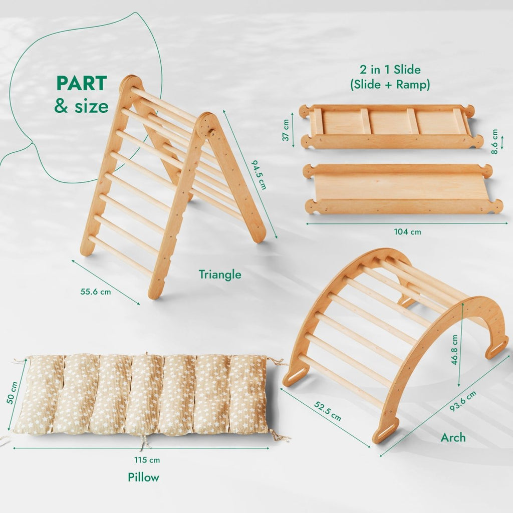 Ensemble d'escalade Montessori 4 en 1 : Échelle triangulaire + Arche d'escalade + Toboggan et Coussin – Beige