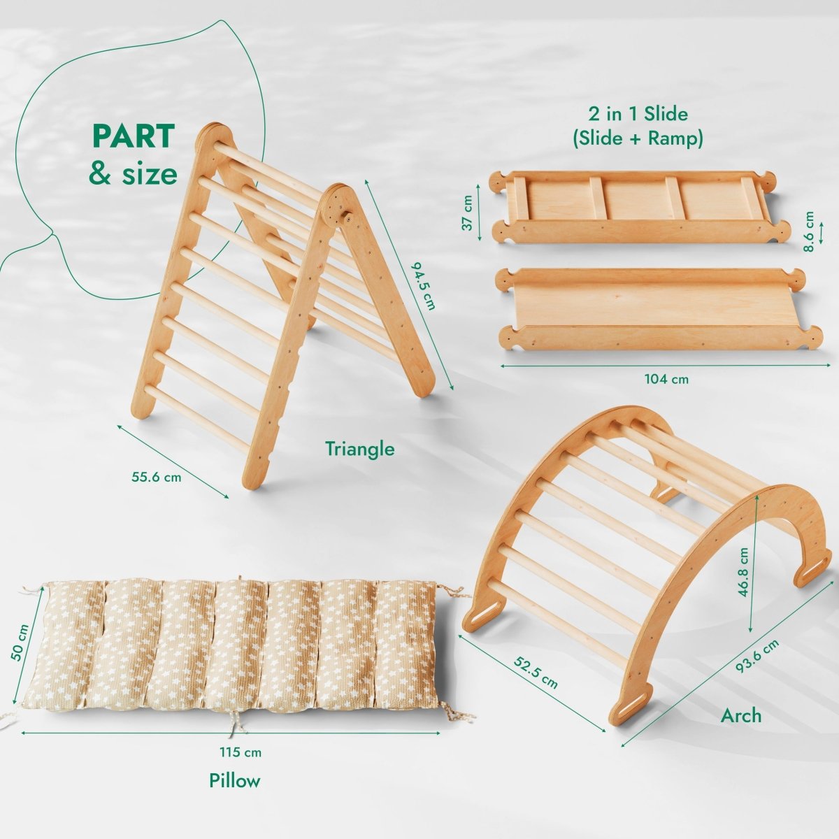 Ensemble d'escalade Montessori 4 en 1 : Échelle triangulaire + Arche d'escalade + Toboggan et Coussin – Beige