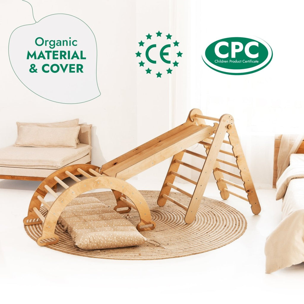 Ensemble d'escalade Montessori 4 en 1 : Échelle triangulaire + Arche d'escalade + Toboggan et Coussin – Beige