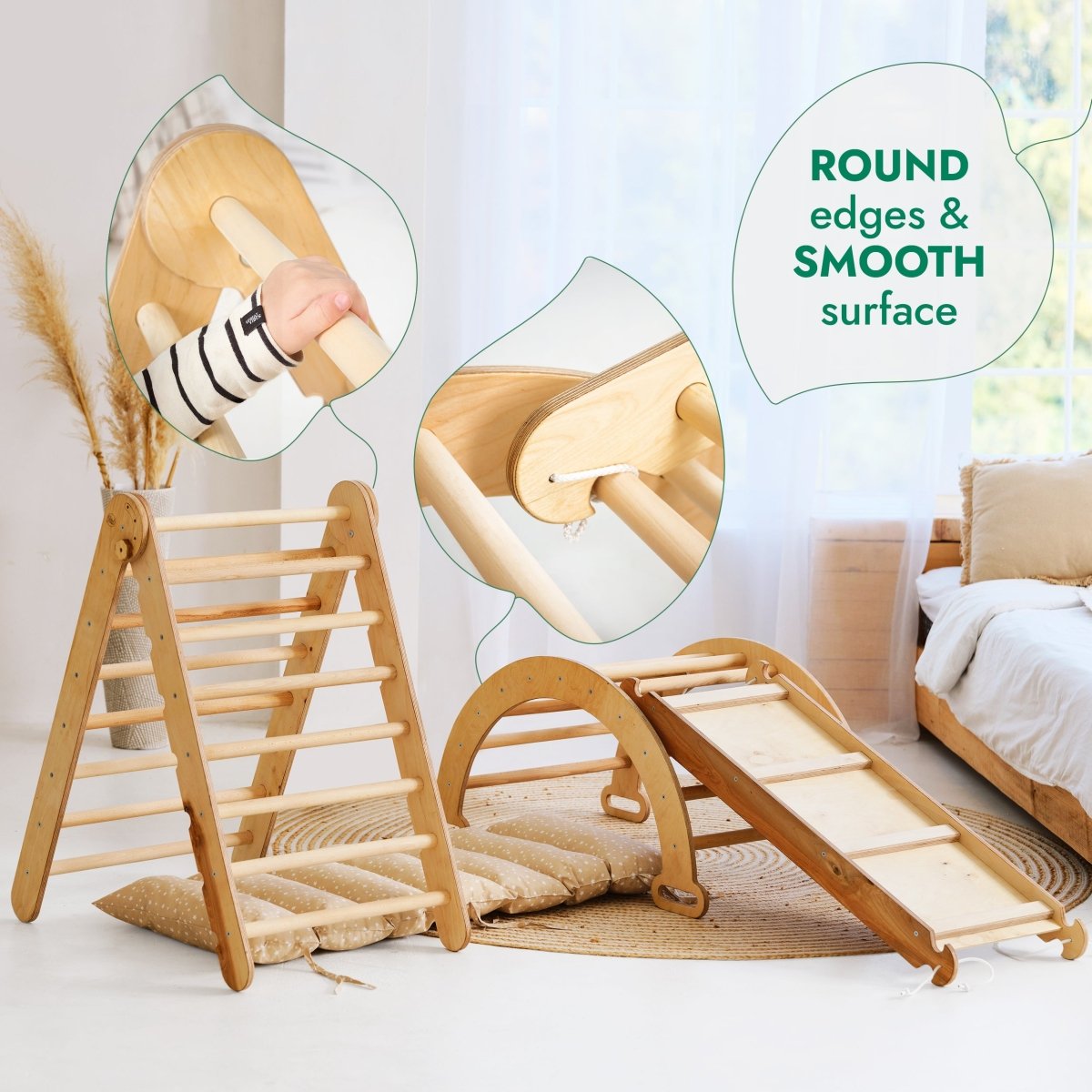 Ensemble d'escalade Montessori 4 en 1 : Échelle triangulaire + Arche d'escalade + Toboggan et Coussin – Beige