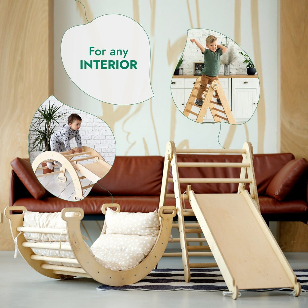Ensemble d'escalade Montessori 4 en 1 : Échelle triangulaire + Arche d'escalade + Toboggan et Coussin – Beige
