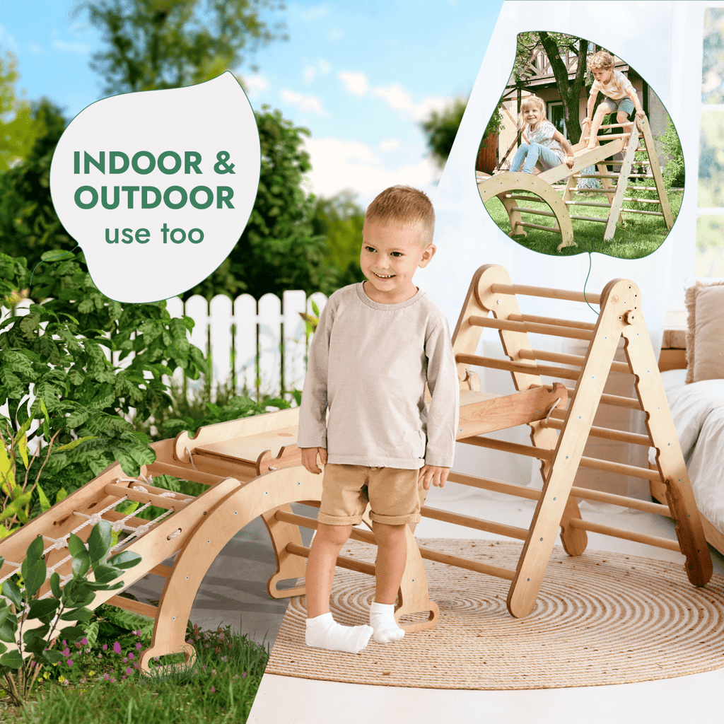 Ensemble d'escalade Montessori 4 en 1 : échelle triangulaire + arche d'escalade + planche de toboggan + filet – Beige
