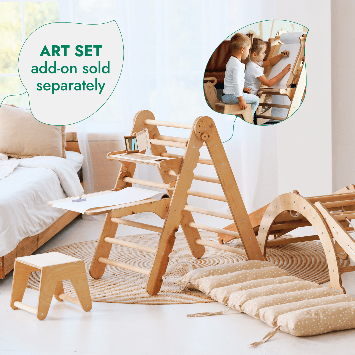 Ensemble d'escalade Montessori 4 en 1 : échelle triangulaire + arche d'escalade + planche de toboggan + filet – Beige