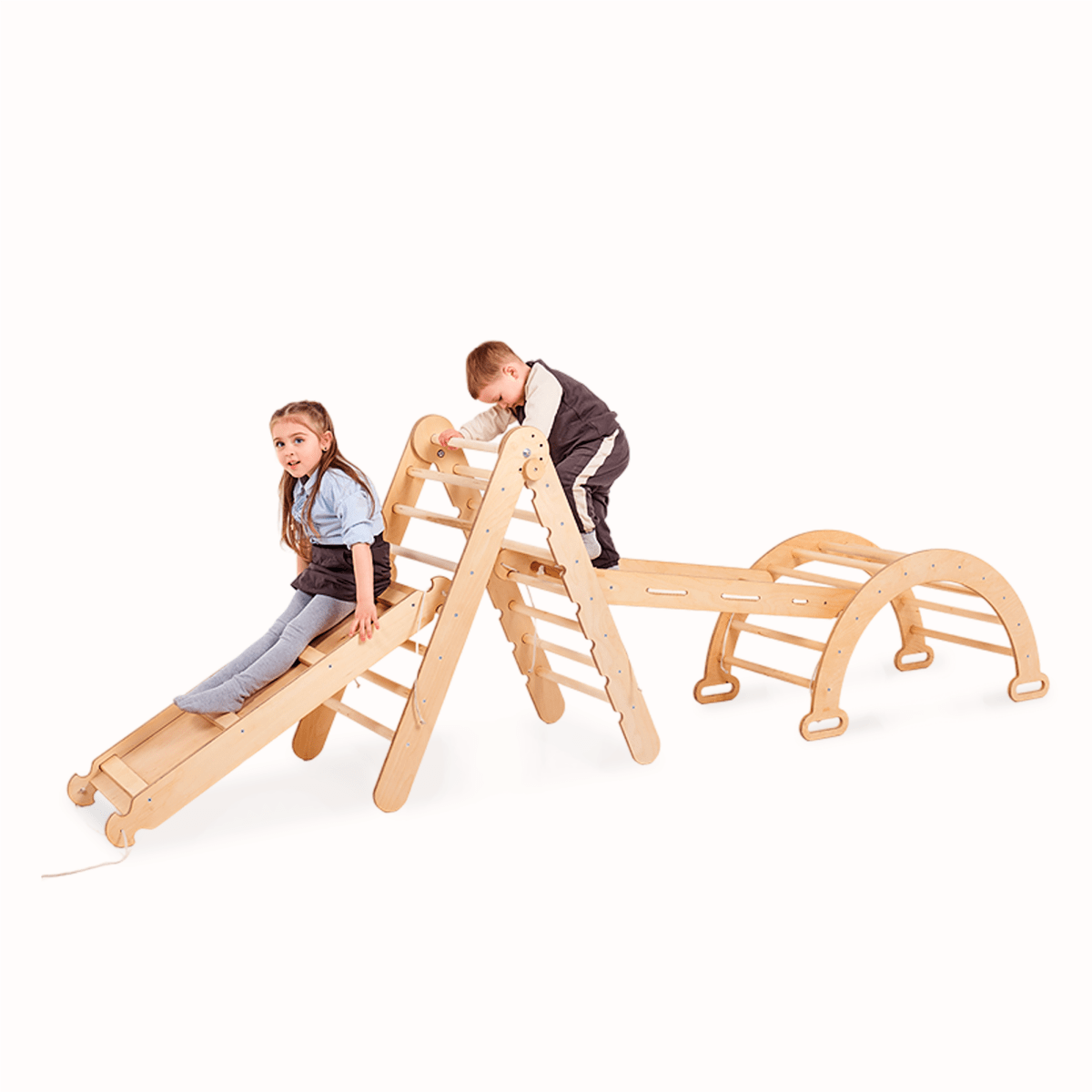 Ensemble d'escalade Montessori 4 en 1 : échelle triangulaire + arche d'escalade + planche de toboggan + filet – Beige