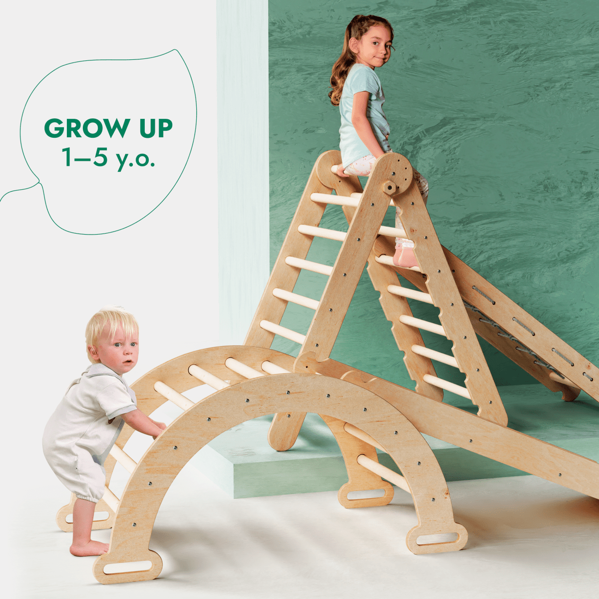 Ensemble d'escalade Montessori 4 en 1 : échelle triangulaire + arche d'escalade + planche de toboggan + filet – Beige