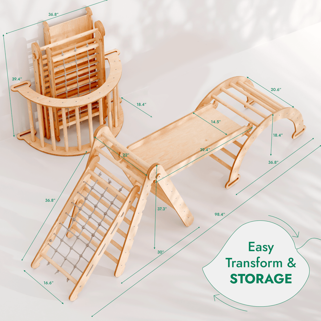 Ensemble d'escalade Montessori 4 en 1 : échelle triangulaire + arche d'escalade + planche de toboggan + filet – Beige