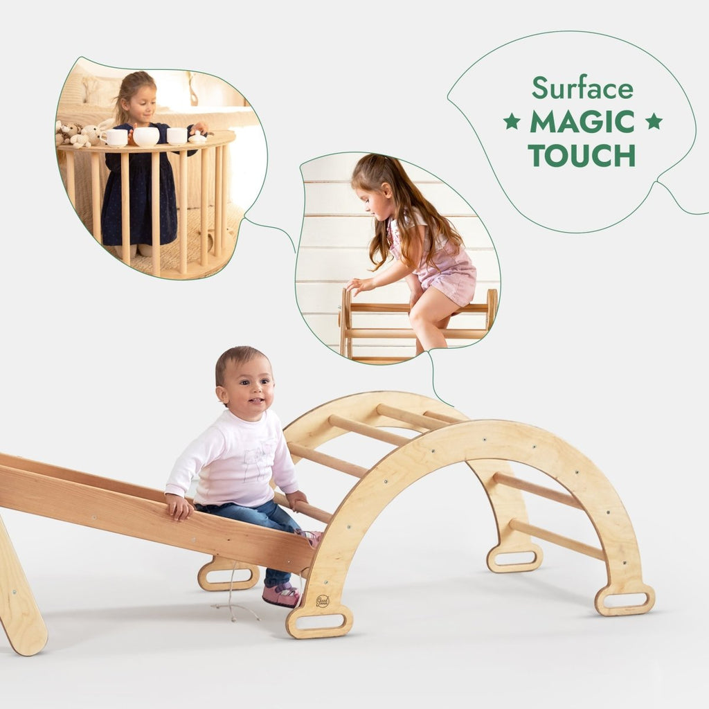 Ensemble d'escalade Montessori 4 en 1 : échelle triangulaire + arche d'escalade + planche de toboggan + filet – Beige