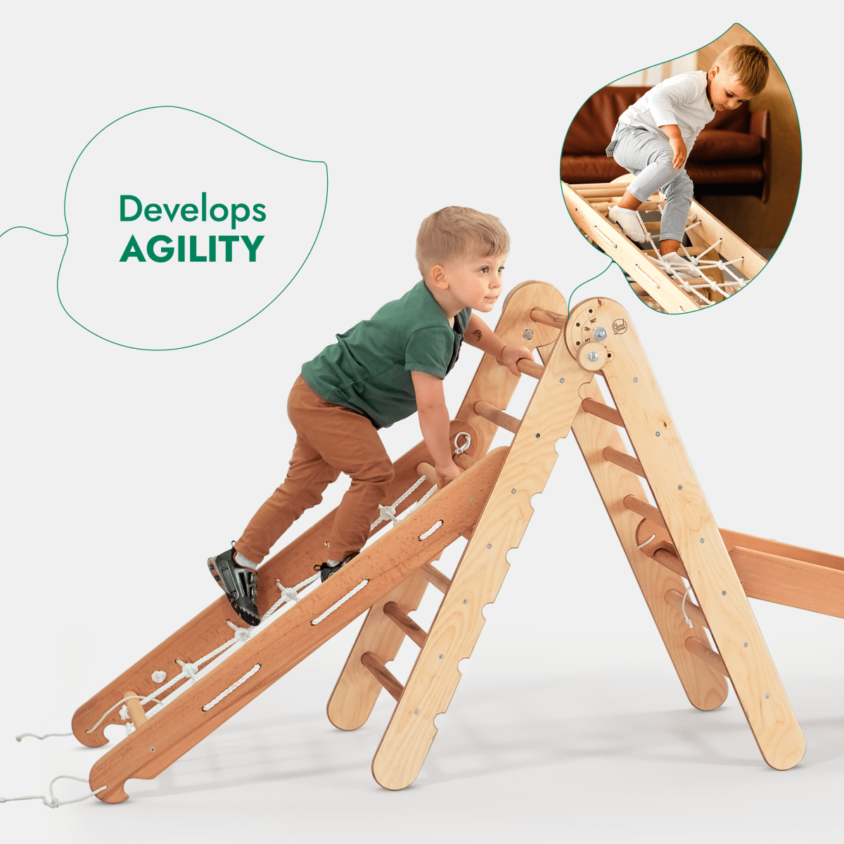 Ensemble d'escalade Montessori 4 en 1 : échelle triangulaire + arche d'escalade + planche de toboggan + filet – Beige