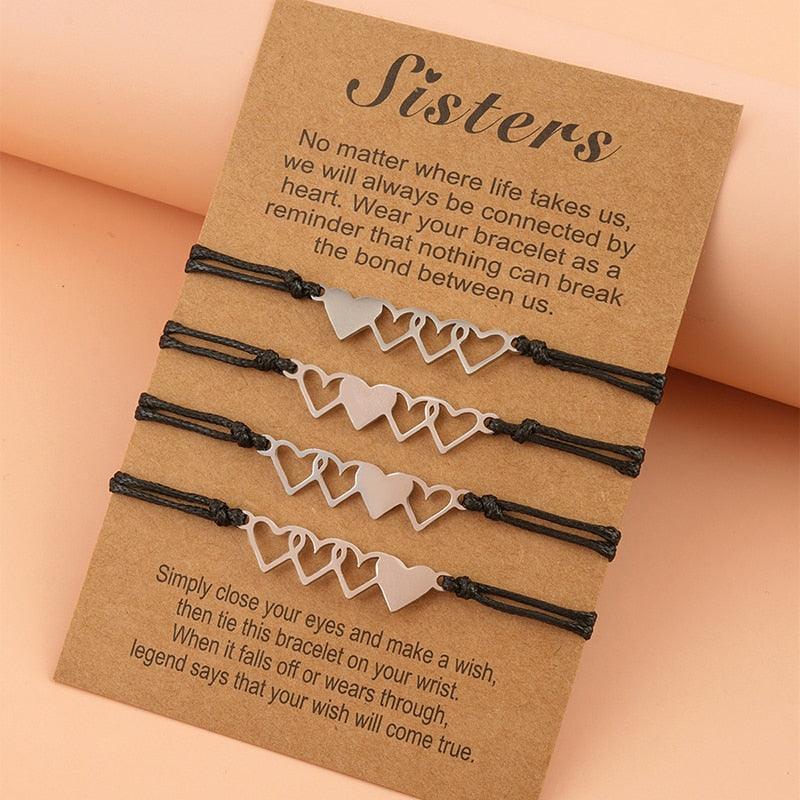 Lot de 4 bracelets pour sœurs, charismatiques, en forme de cœur, pour une amitié éternelle, en acier inoxydable, faits à la main, pour mère et fille, bracelets de vœux, ensemble de bracelets assortis avec breloque cœur pour femmes, sœurs, maman