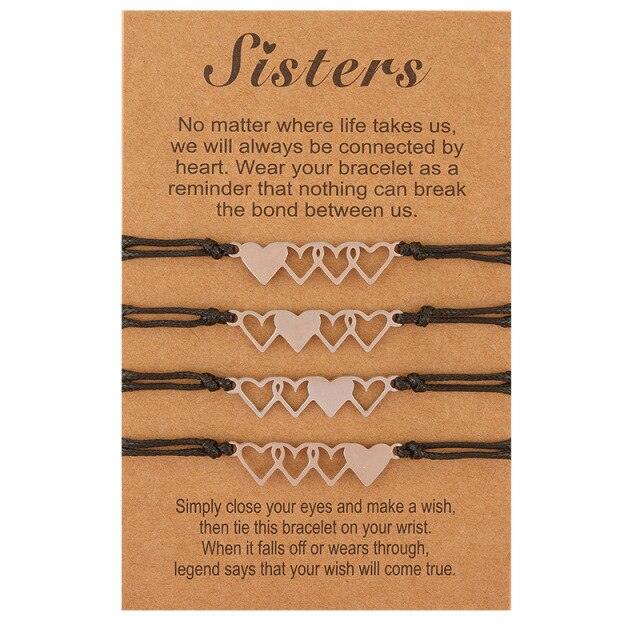Lot de 4 bracelets pour sœurs, charismatiques, en forme de cœur, pour une amitié éternelle, en acier inoxydable, faits à la main, pour mère et fille, bracelets de vœux, ensemble de bracelets assortis avec breloque cœur pour femmes, sœurs, maman