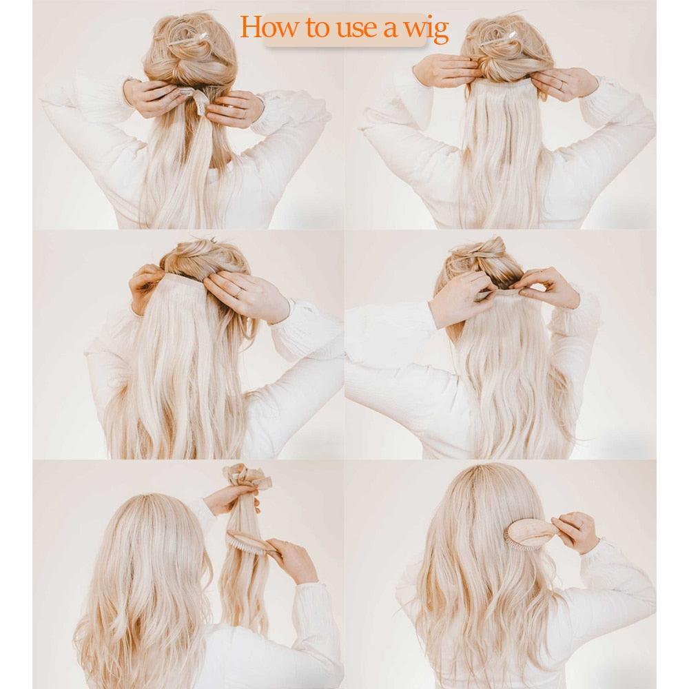 Extensions capillaires à clip 5 pièces, résistantes à la chaleur, fausses postiches longues et ondulées, clips synthétiques dorés sur extensions de cheveux raides avec ligne de poisson invisible, postiche superposée