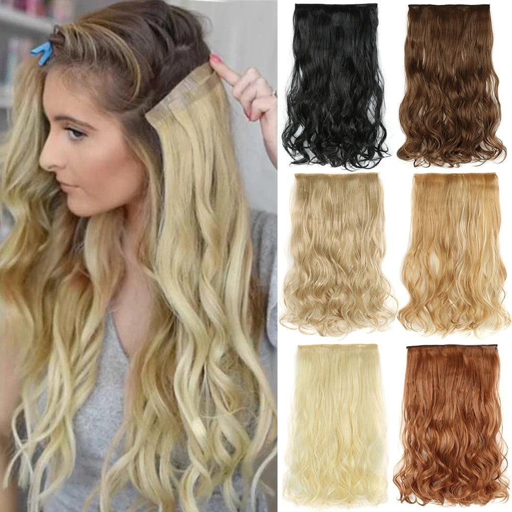Extensions capillaires à clip 5 pièces, résistantes à la chaleur, fausses postiches longues et ondulées, clips synthétiques dorés sur extensions de cheveux raides avec ligne de poisson invisible, postiche superposée
