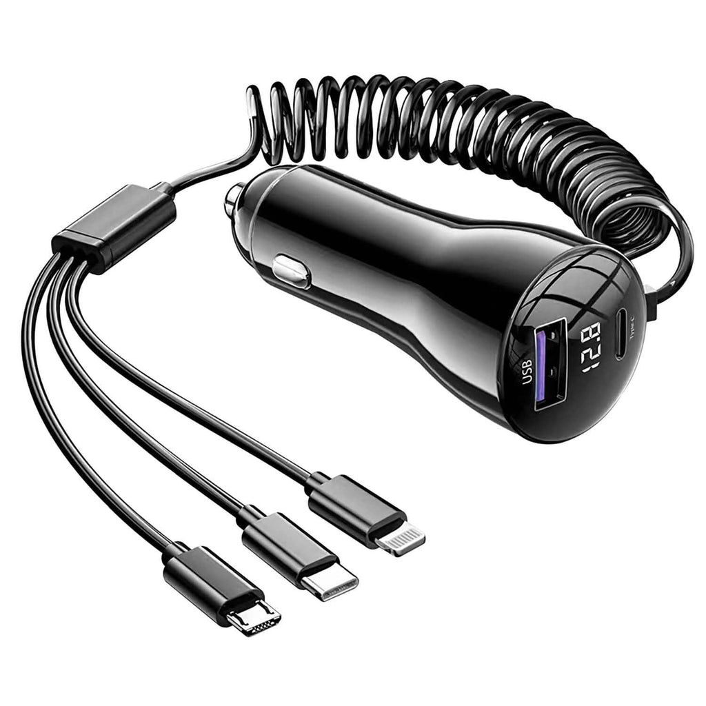 Chargeur de voiture rapide 5-en-1 QC PD USB Type C 5 ports avec câble spiralé de 1,2 m