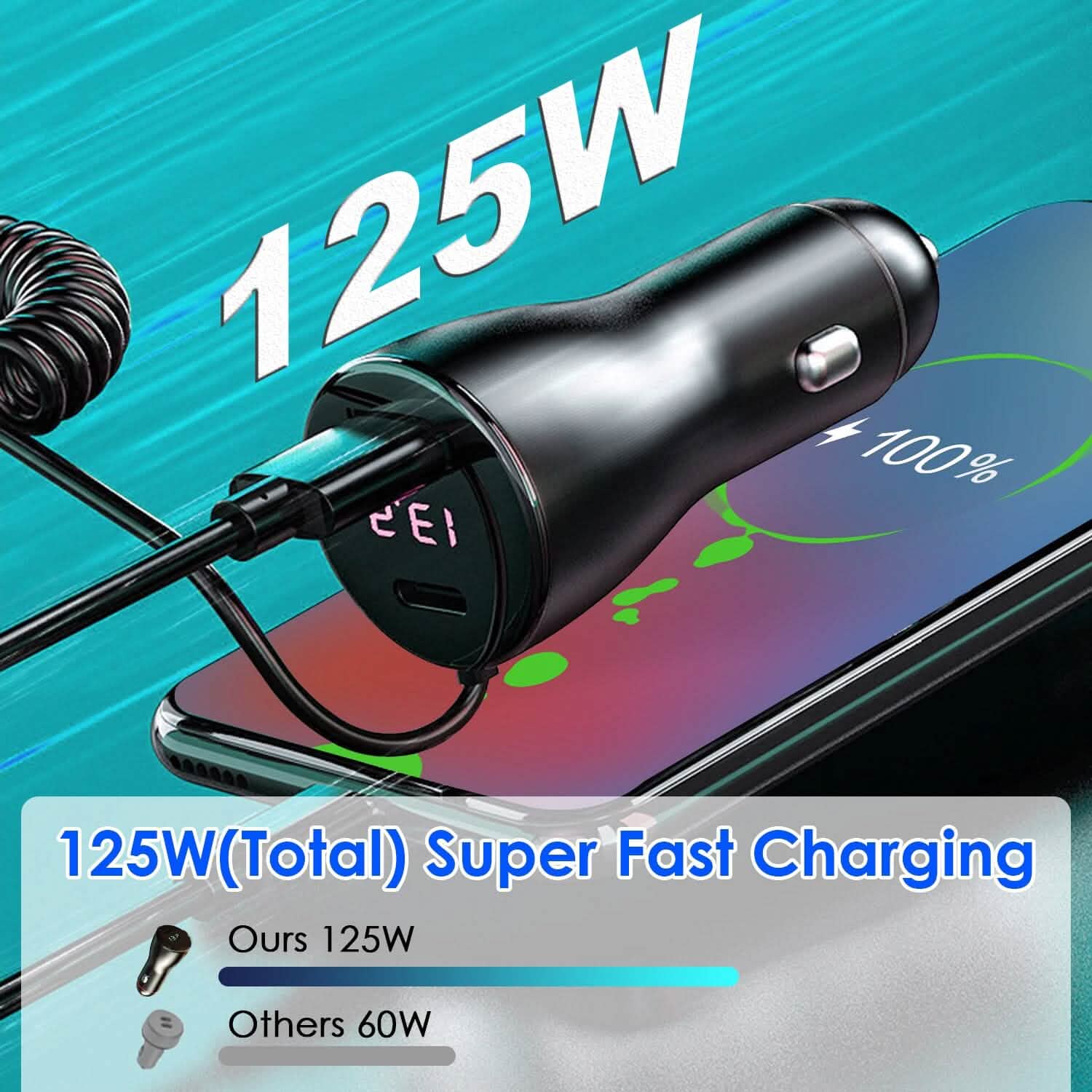 Chargeur de voiture rapide 5-en-1 QC PD USB Type C 5 ports avec câble spiralé de 1,2 m