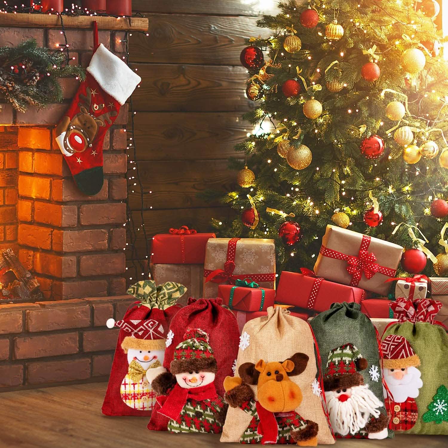Paquet de 5 : Sacs de Noël à cordon coulissant