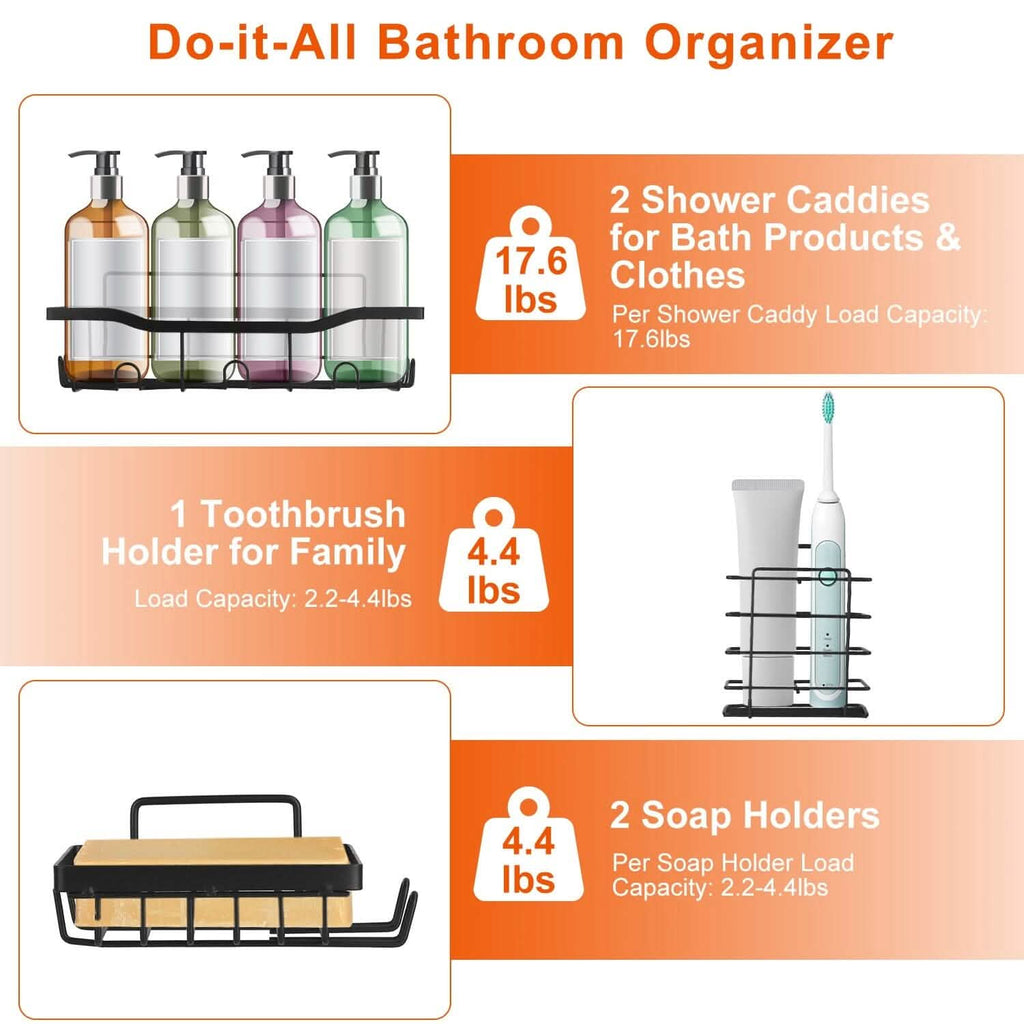 Lot de 5 : Étagères de douche avec 18 crochets intégrés