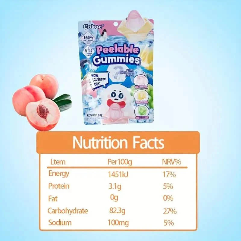 Lots de 5 : bonbons gélifiés amusants pelés – styles mélangés, saveurs différentes, sachets refermables