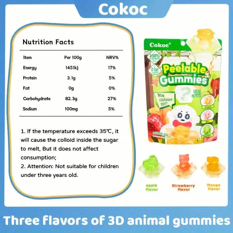 Lots de 5 : bonbons gélifiés amusants pelés – styles mélangés, saveurs différentes, sachets refermables