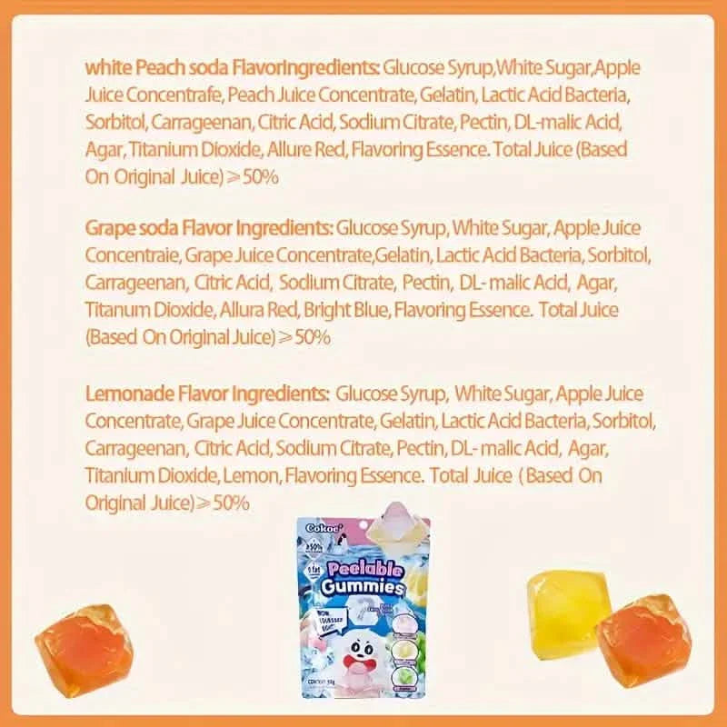 Lots de 5 : bonbons gélifiés amusants pelés – styles mélangés, saveurs différentes, sachets refermables