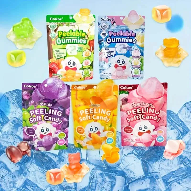 Lots de 5 : bonbons gélifiés amusants pelés – styles mélangés, saveurs différentes, sachets refermables