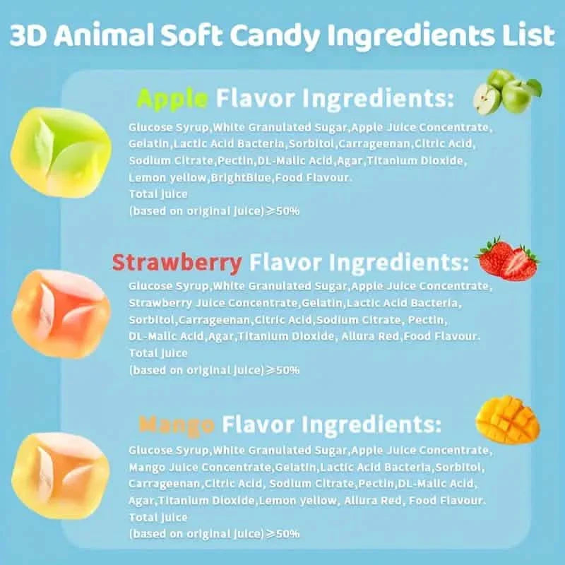 Lots de 5 : bonbons gélifiés amusants pelés – styles mélangés, saveurs différentes, sachets refermables