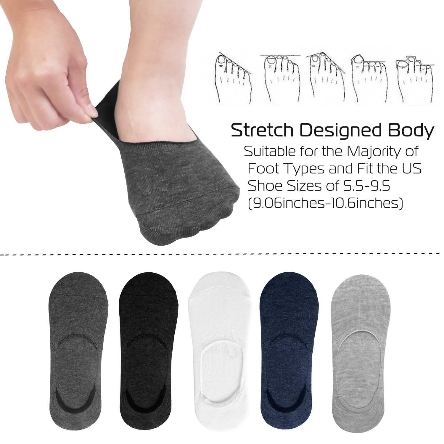 Lot de 5 paires : Chaussettes bateau respirantes invisibles antidérapantes