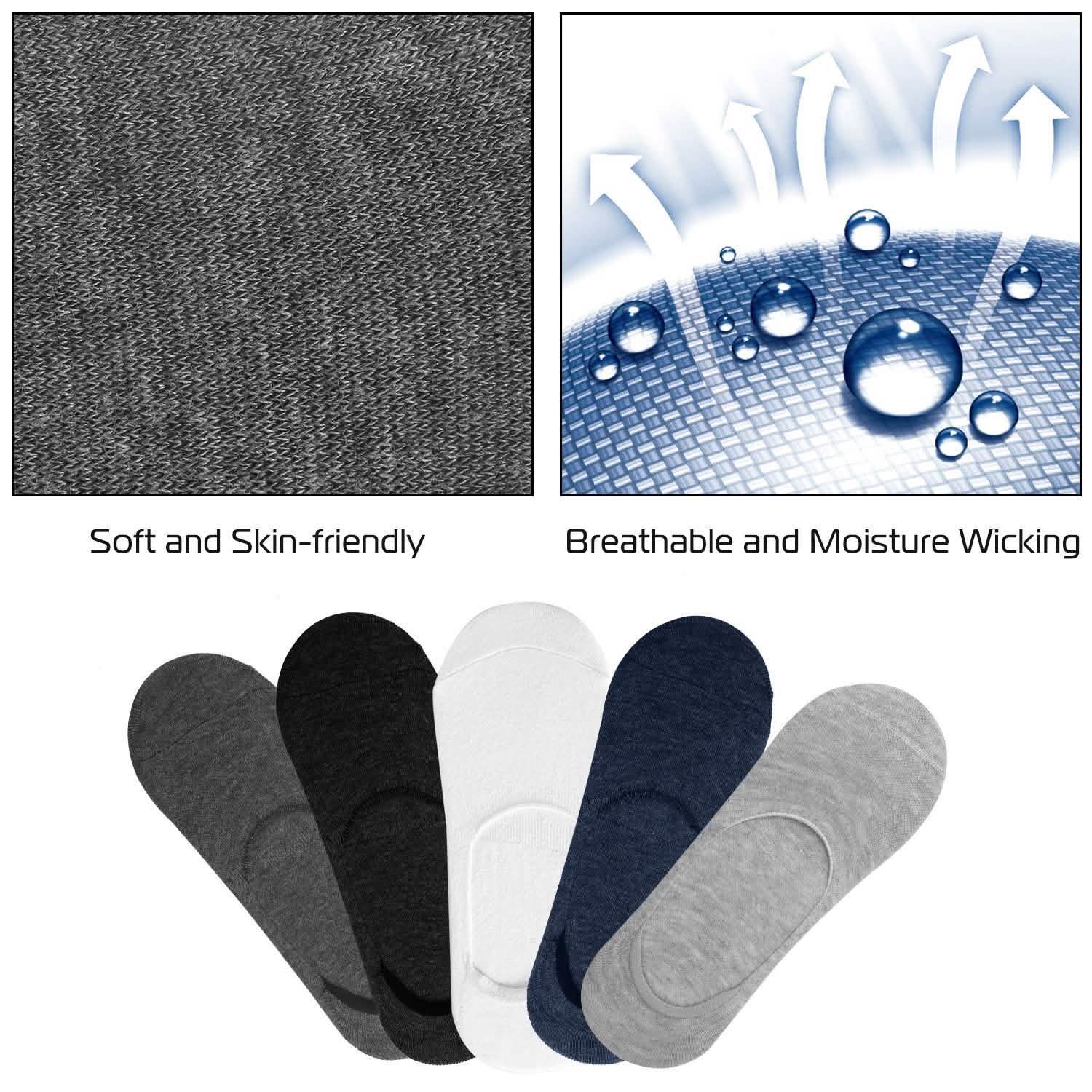 Lot de 5 paires : Chaussettes bateau respirantes invisibles antidérapantes