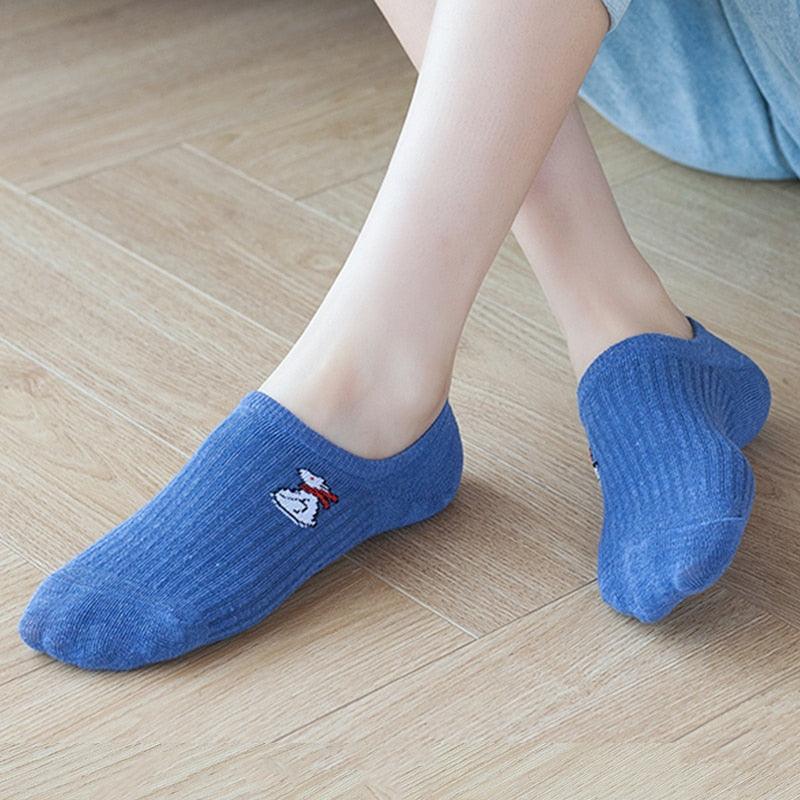 5 paires de chaussettes mignonnes à imprimé animal Kawaii, invisibles, amusantes, pour femmes, en coton, pour l'été, en silicone antidérapant, socquettes bateau pour hommes et femmes