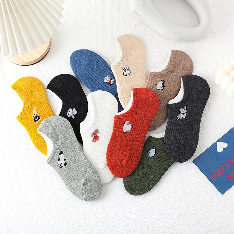 5 paires de chaussettes mignonnes à imprimé animal Kawaii, invisibles, amusantes, pour femmes, en coton, pour l'été, en silicone antidérapant, socquettes bateau pour hommes et femmes