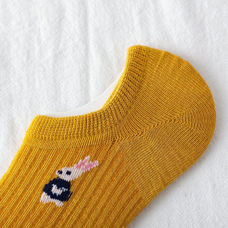 5 paires de chaussettes mignonnes à imprimé animal Kawaii, invisibles, amusantes, pour femmes, en coton, pour l'été, en silicone antidérapant, socquettes bateau pour hommes et femmes