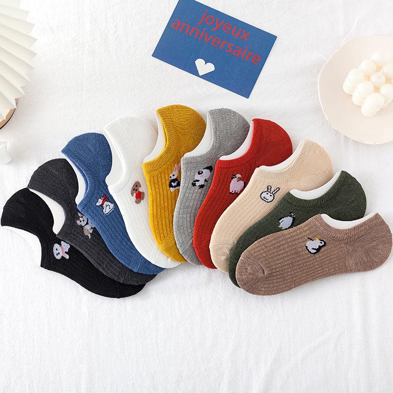 5 paires de chaussettes mignonnes à imprimé animal Kawaii, invisibles, amusantes, pour femmes, en coton, pour l'été, en silicone antidérapant, socquettes bateau pour hommes et femmes