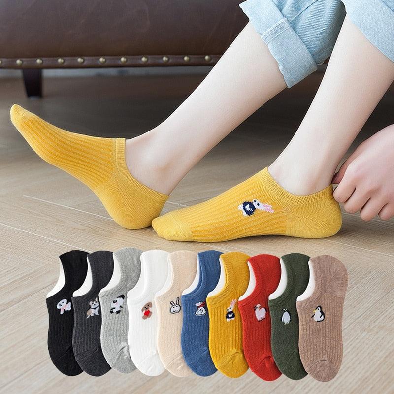 5 paires de chaussettes mignonnes à imprimé animal Kawaii, invisibles, amusantes, pour femmes, en coton, pour l'été, en silicone antidérapant, socquettes bateau pour hommes et femmes