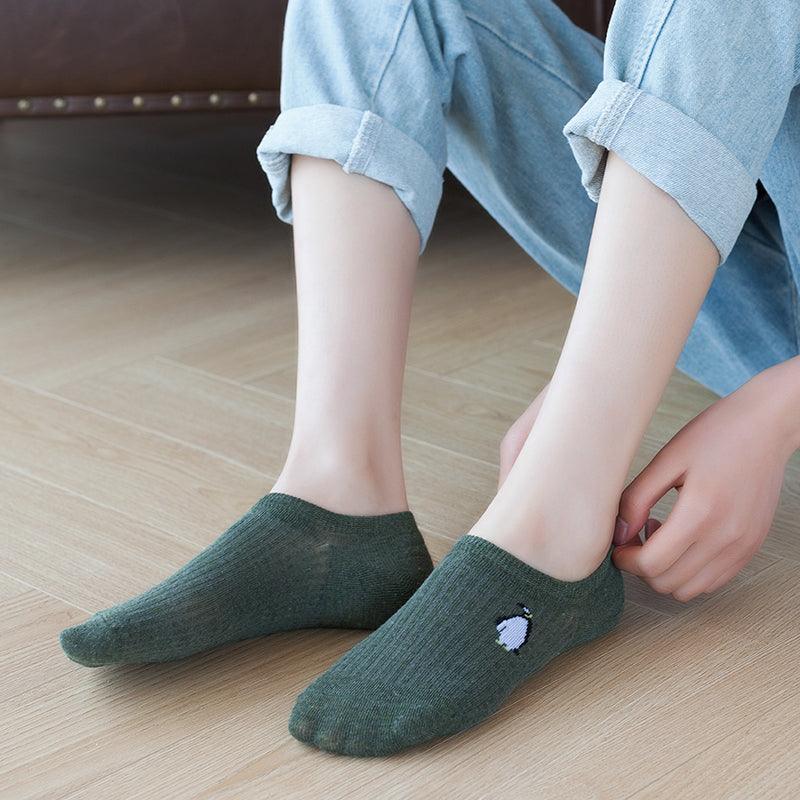 5 paires de chaussettes mignonnes à imprimé animal Kawaii, invisibles, amusantes, pour femmes, en coton, pour l'été, en silicone antidérapant, socquettes bateau pour hommes et femmes